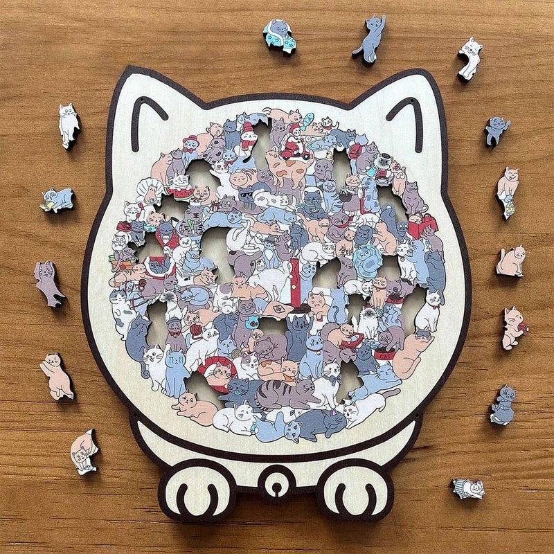 135-Piece -Colored Cat-Shaped Wooden Jigsaw Puzzle – 25x25cm High-Quality Natural Wood, Smooth Touch, Precision Cut for Tight Fit, Ideal Decorative Art Piece and Gift for Cat Lovers (C) - Image 2